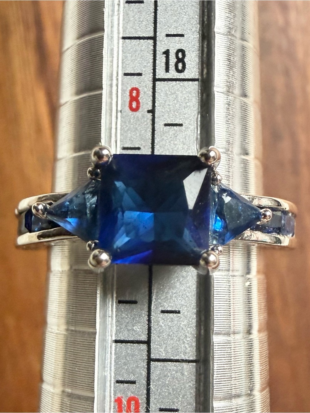 Blue Glass Silver Tone Ring Size 8.75 Faux Sapphire